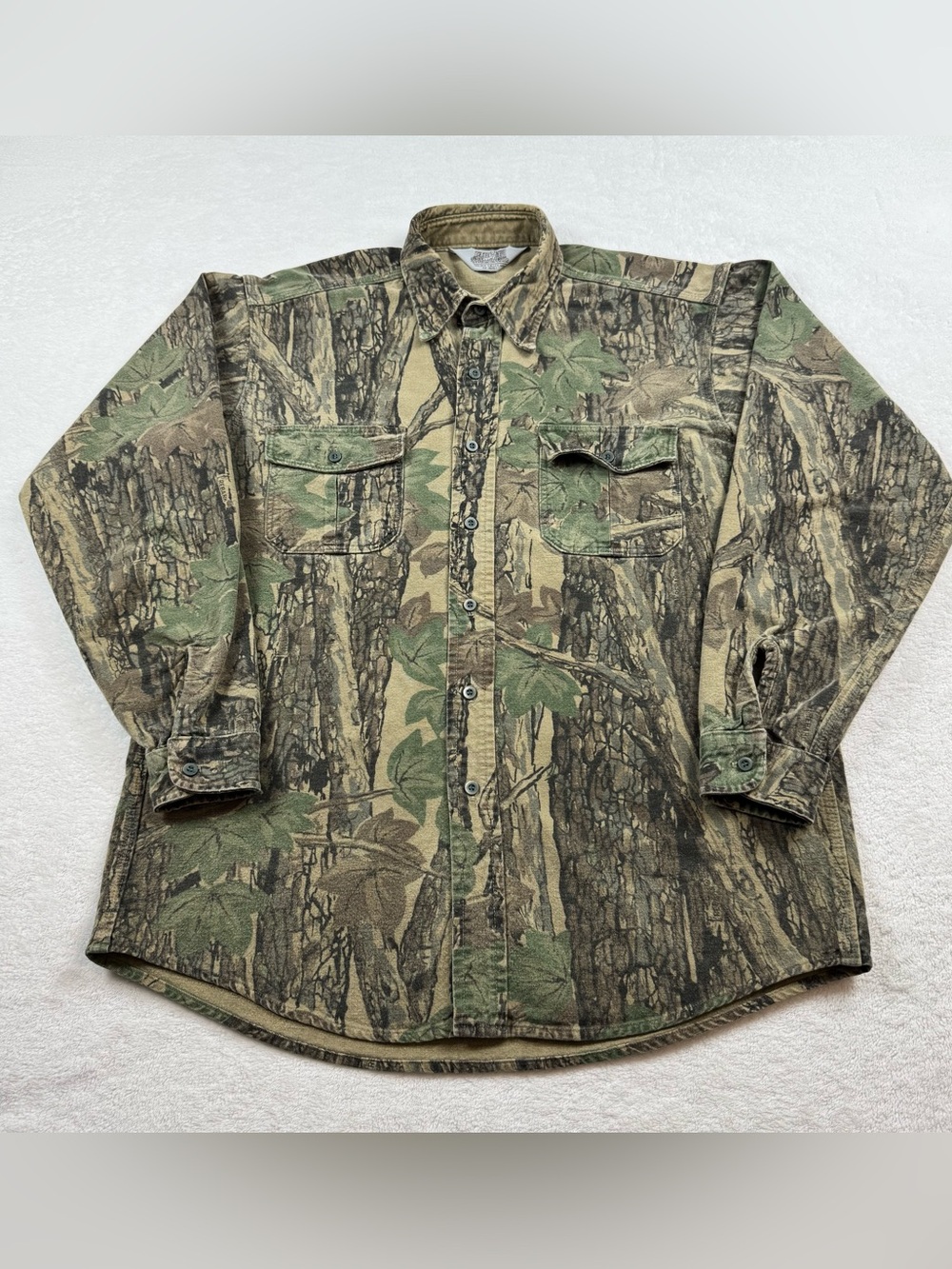 VTG 90s Sportsmans Guide hunting ReBark camo canvas shirt men’s Sz L multicolor